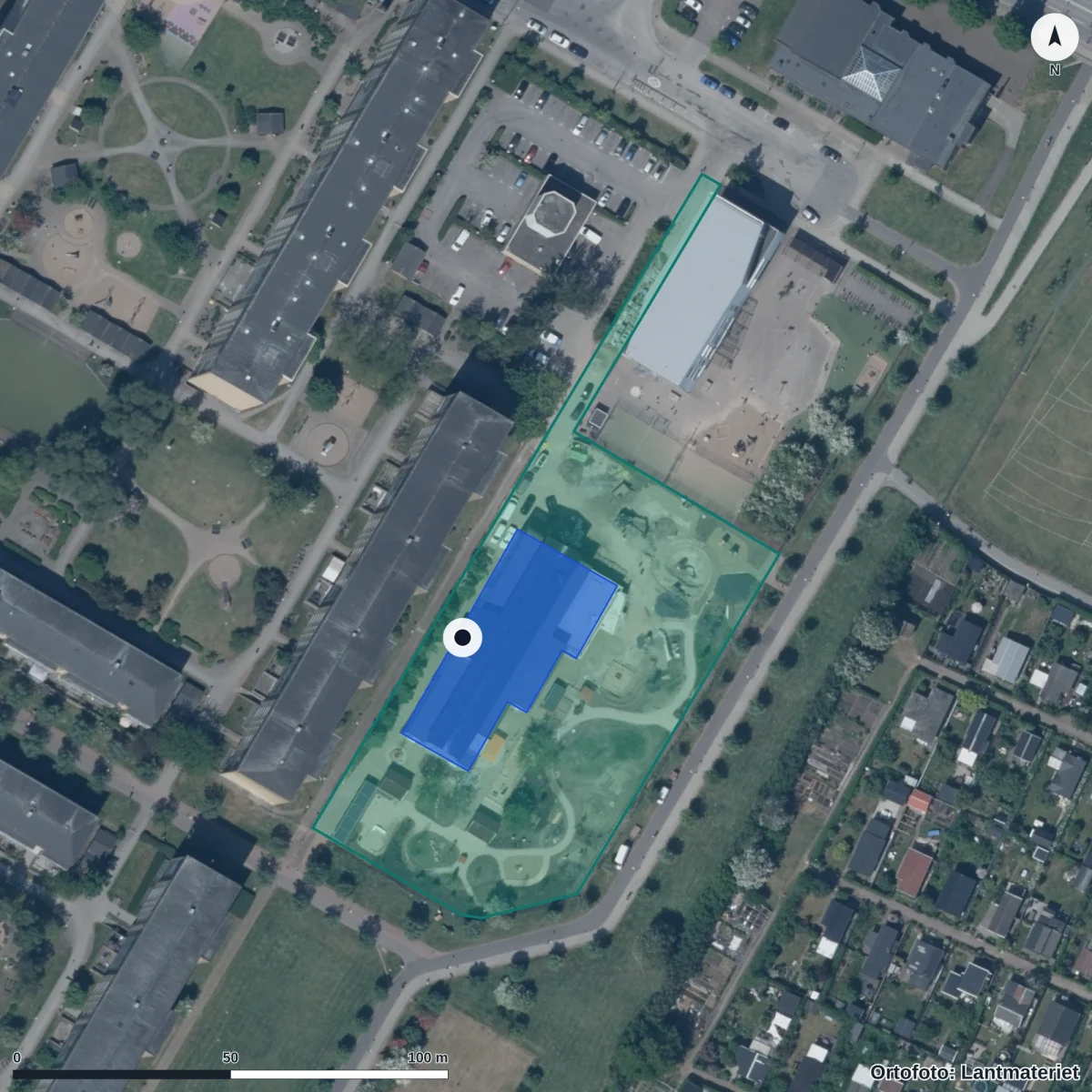Flygbild över Stensjöns Förskola, ortofoto från Lantmäteriet