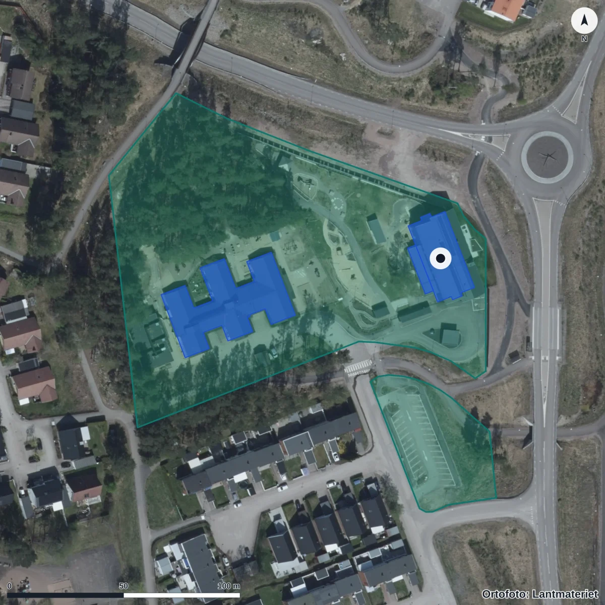 Flygbild över Stormyrens Förskola, ortofoto från Lantmäteriet