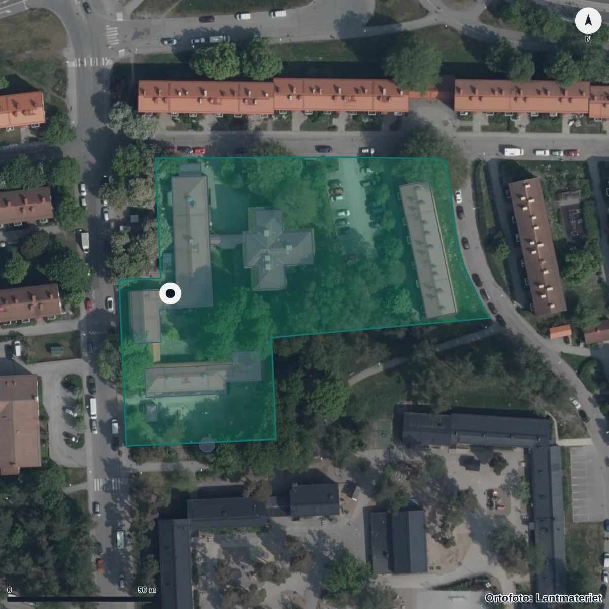 Flygbild över Förskolan Morgongården, ortofoto från Lantmäteriet