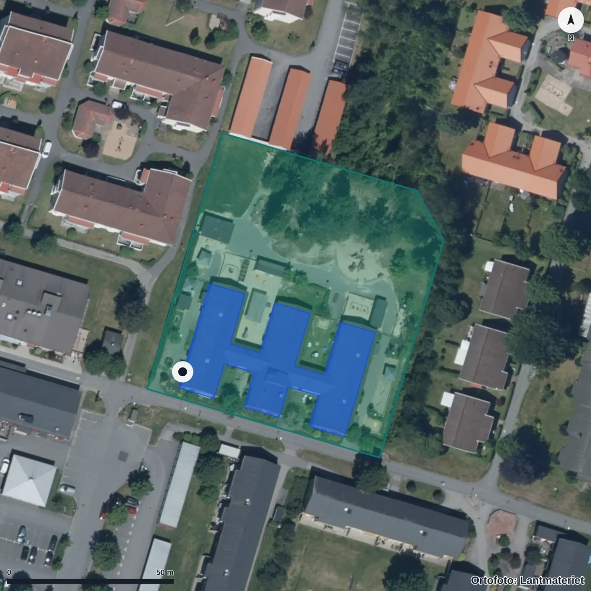 Flygbild över Trädkryparens Förskola, ortofoto från Lantmäteriet