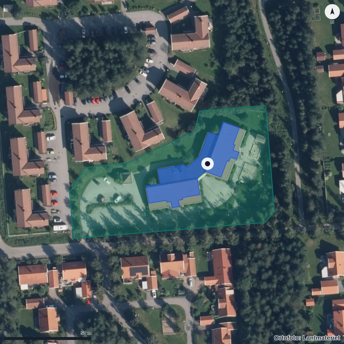Flygbild över Förskolan Blåkulla, ortofoto från Lantmäteriet