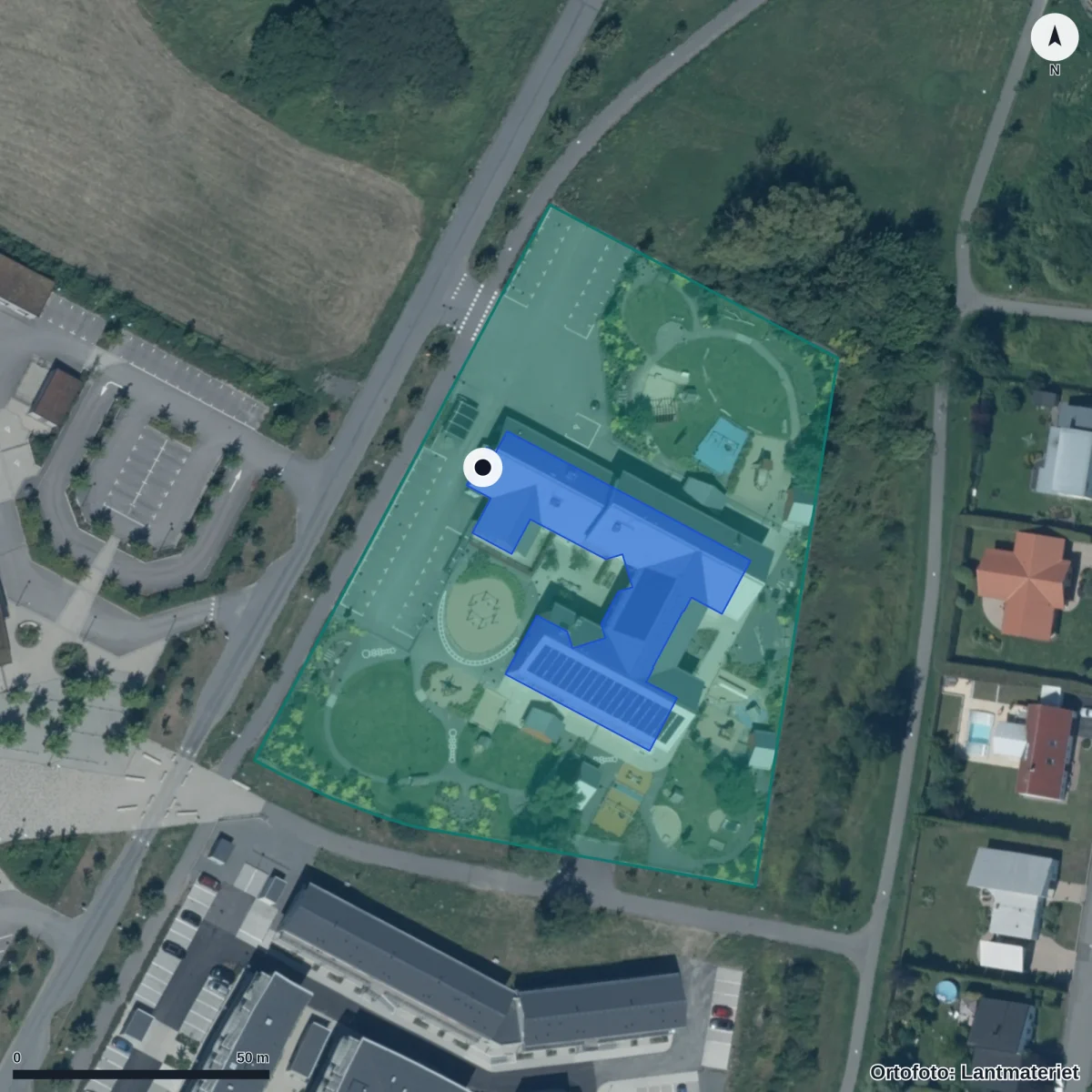 Flygbild över Berga Förskola, ortofoto från Lantmäteriet