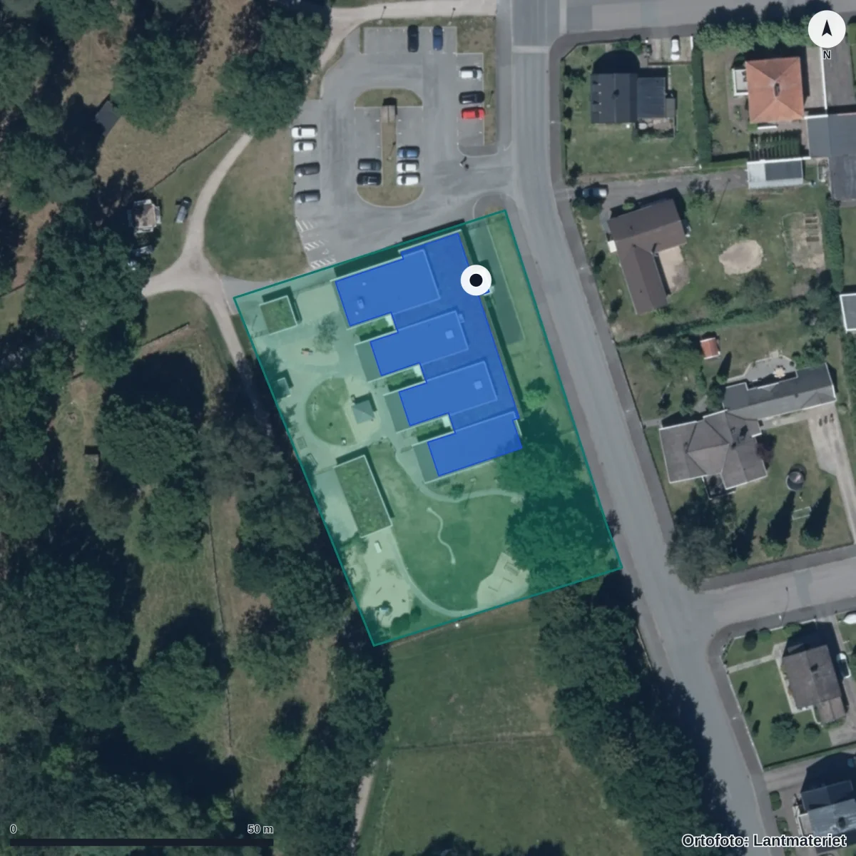 Flygbild över Skattkistans Förskola, ortofoto från Lantmäteriet