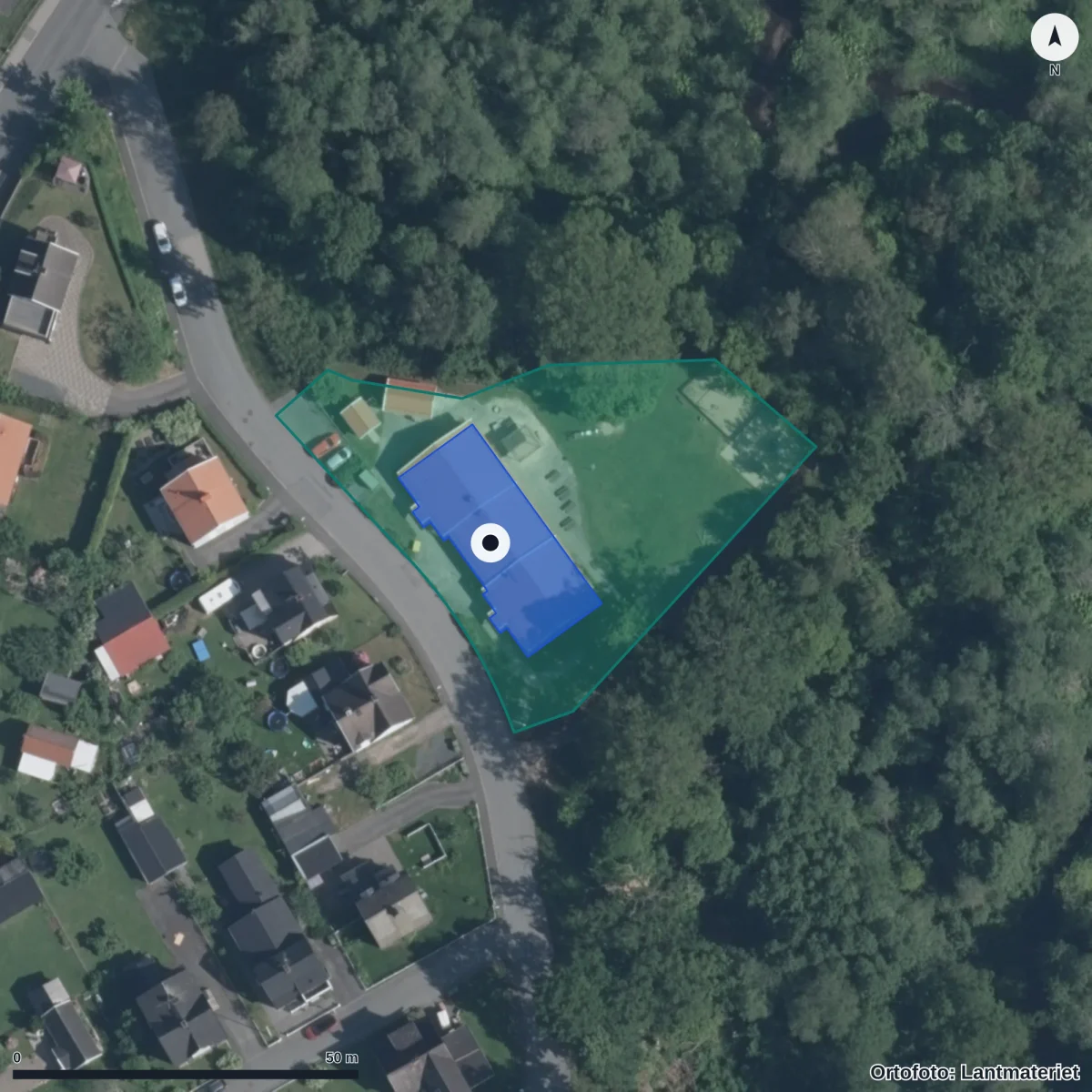 Flygbild över Båggatans Förskola, ortofoto från Lantmäteriet