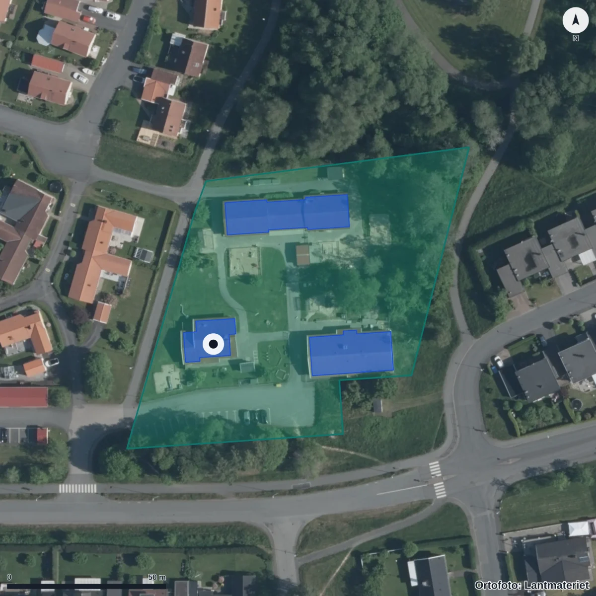 Flygbild över Sveahälls Förskola, ortofoto från Lantmäteriet