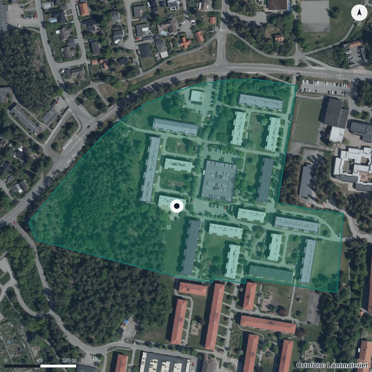 Flygbild över Norrgårdens Förskola, ortofoto från Lantmäteriet