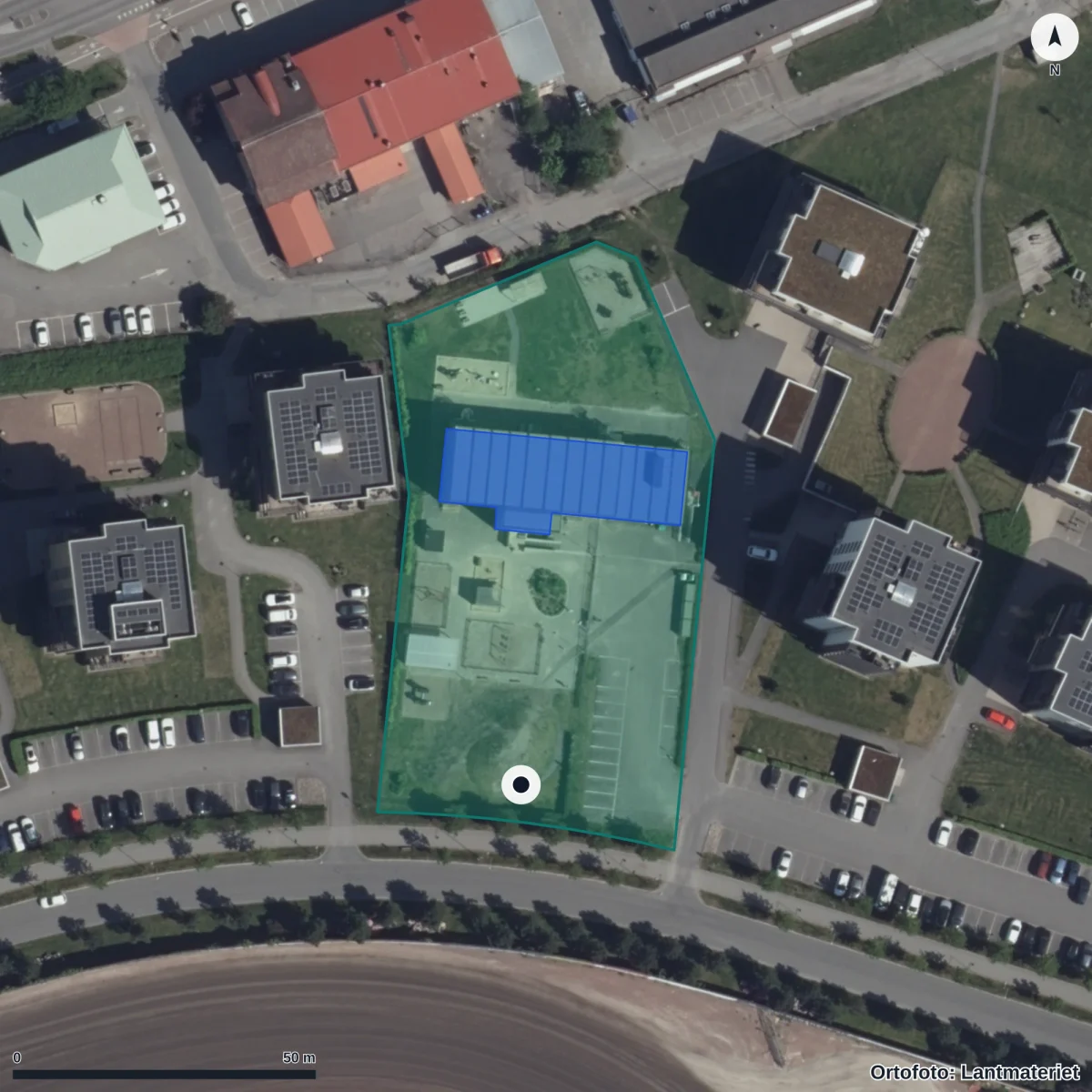 Flygbild över Bifrost Förskola, ortofoto från Lantmäteriet