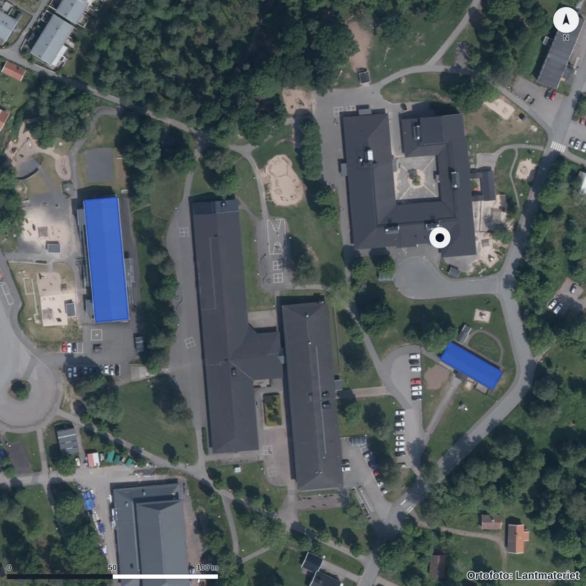 Flygbild över Kronängs Förskola, ortofoto från Lantmäteriet