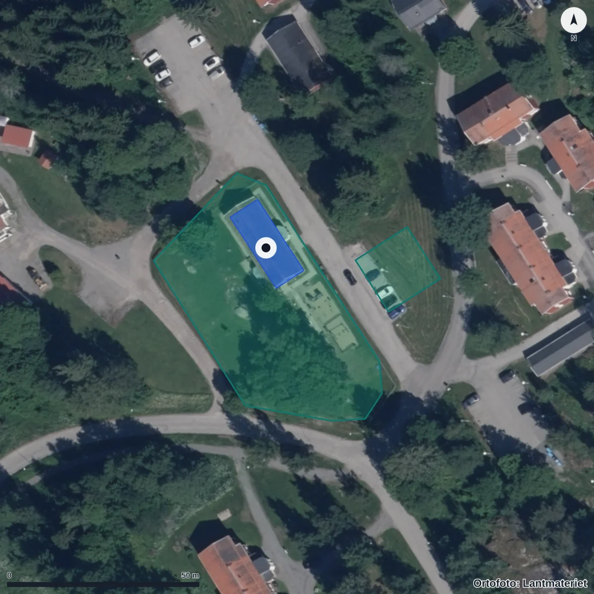 Flygbild över Brukets Förskola, ortofoto från Lantmäteriet