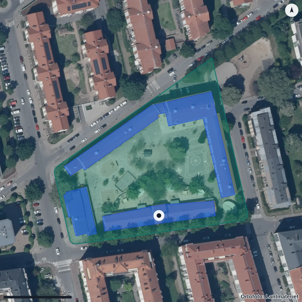 Flygbild över Ribersborgs Förskola, ortofoto från Lantmäteriet