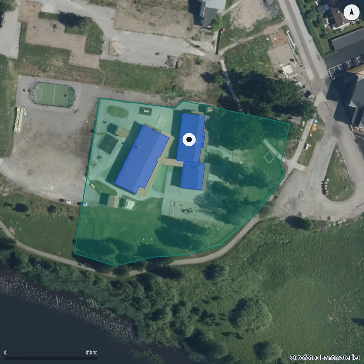 Flygbild över Förskolan Sjögården, ortofoto från Lantmäteriet