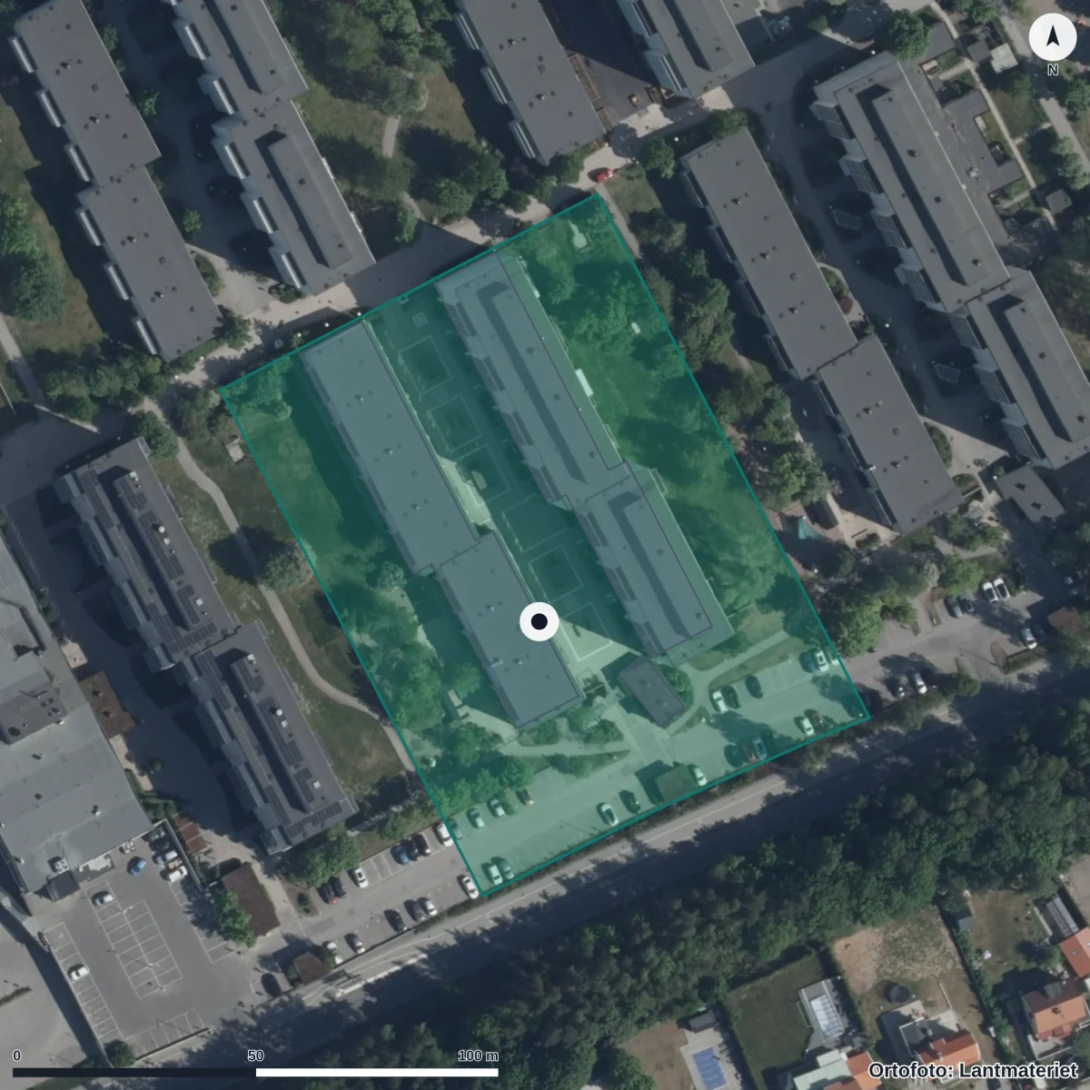Flygbild över Dibber Filuren Förskola, ortofoto från Lantmäteriet