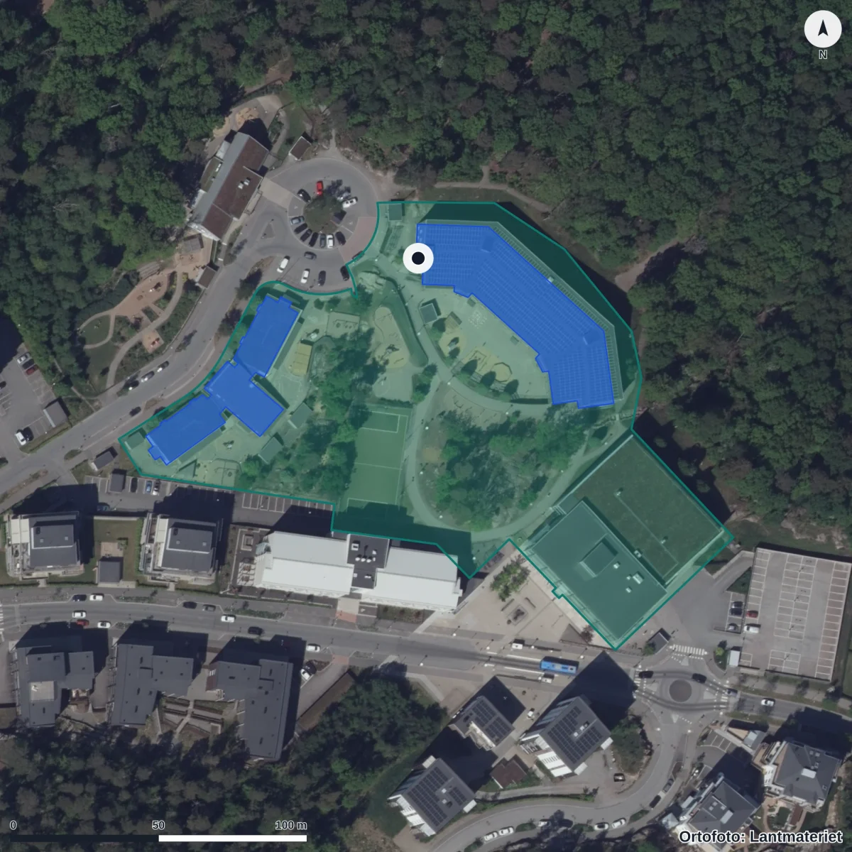 Flygbild över Stadsskogens Förskola, ortofoto från Lantmäteriet