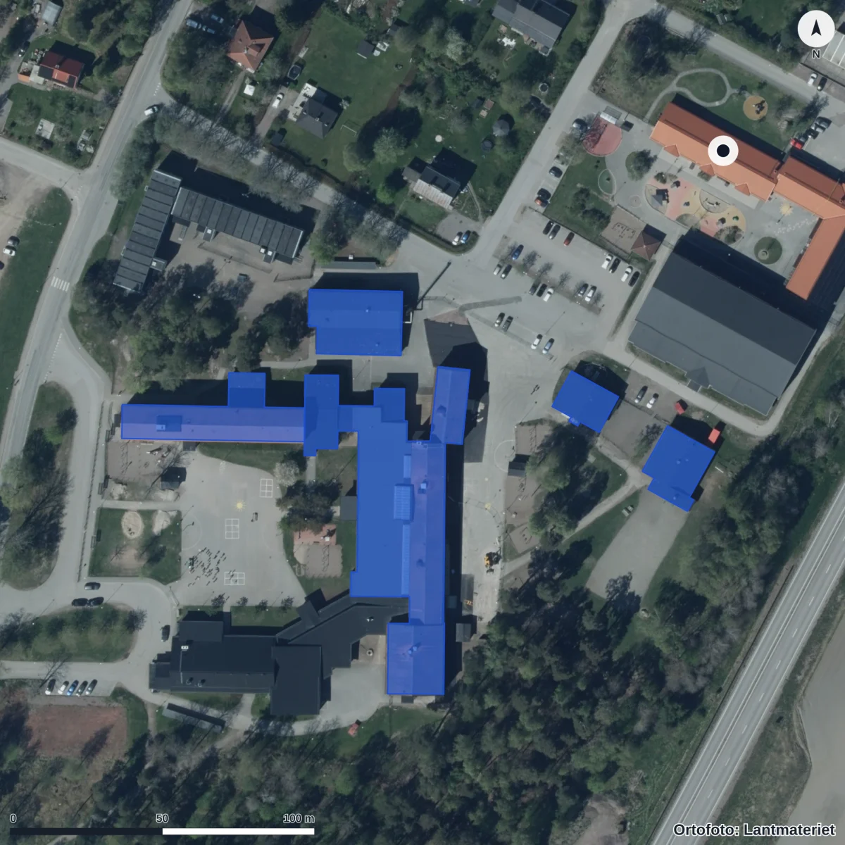 Flygbild över Förskolan Alma, ortofoto från Lantmäteriet
