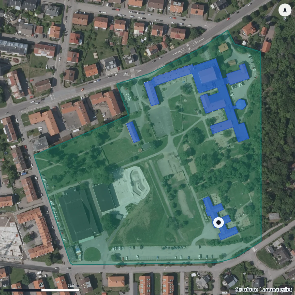 Flygbild över Påskbergets Förskola, ortofoto från Lantmäteriet