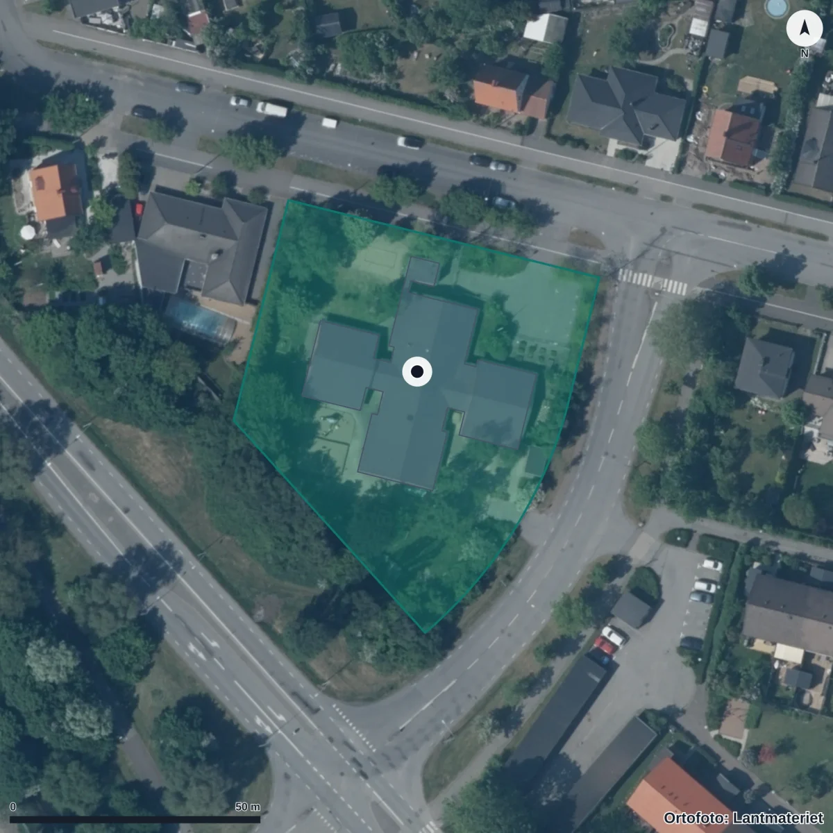 Flygbild över Valdemarsro Förskola, ortofoto från Lantmäteriet