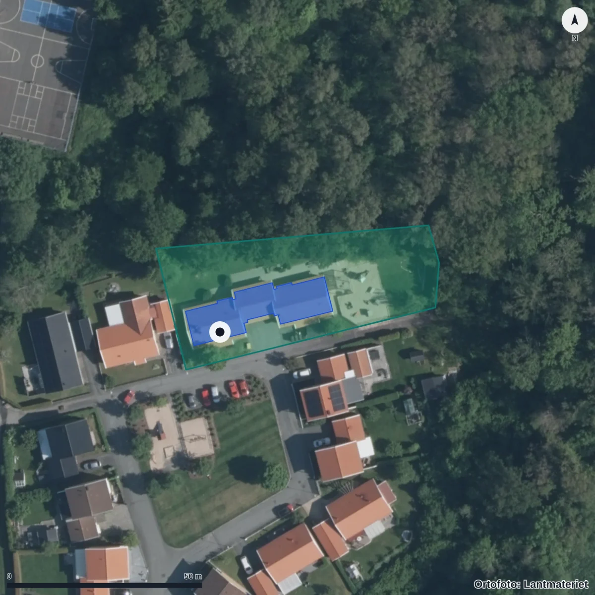 Flygbild över Tokarp Förskola, ortofoto från Lantmäteriet