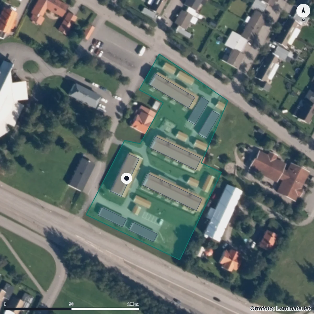 Flygbild över Stallets Förskola, ortofoto från Lantmäteriet