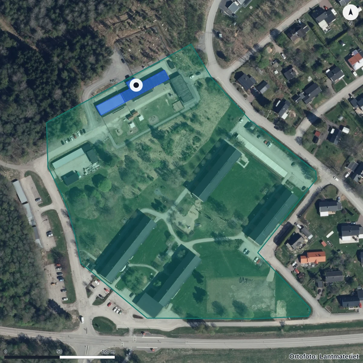 Flygbild över Trollskogens Förskola, ortofoto från Lantmäteriet