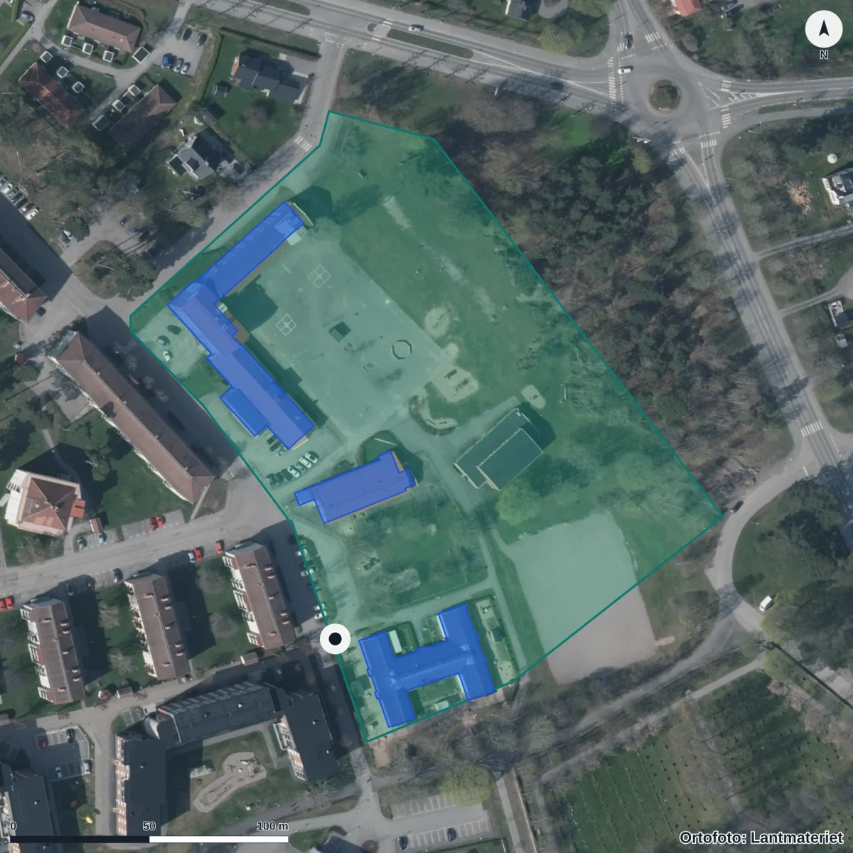 Flygbild över Malmens Förskola, ortofoto från Lantmäteriet