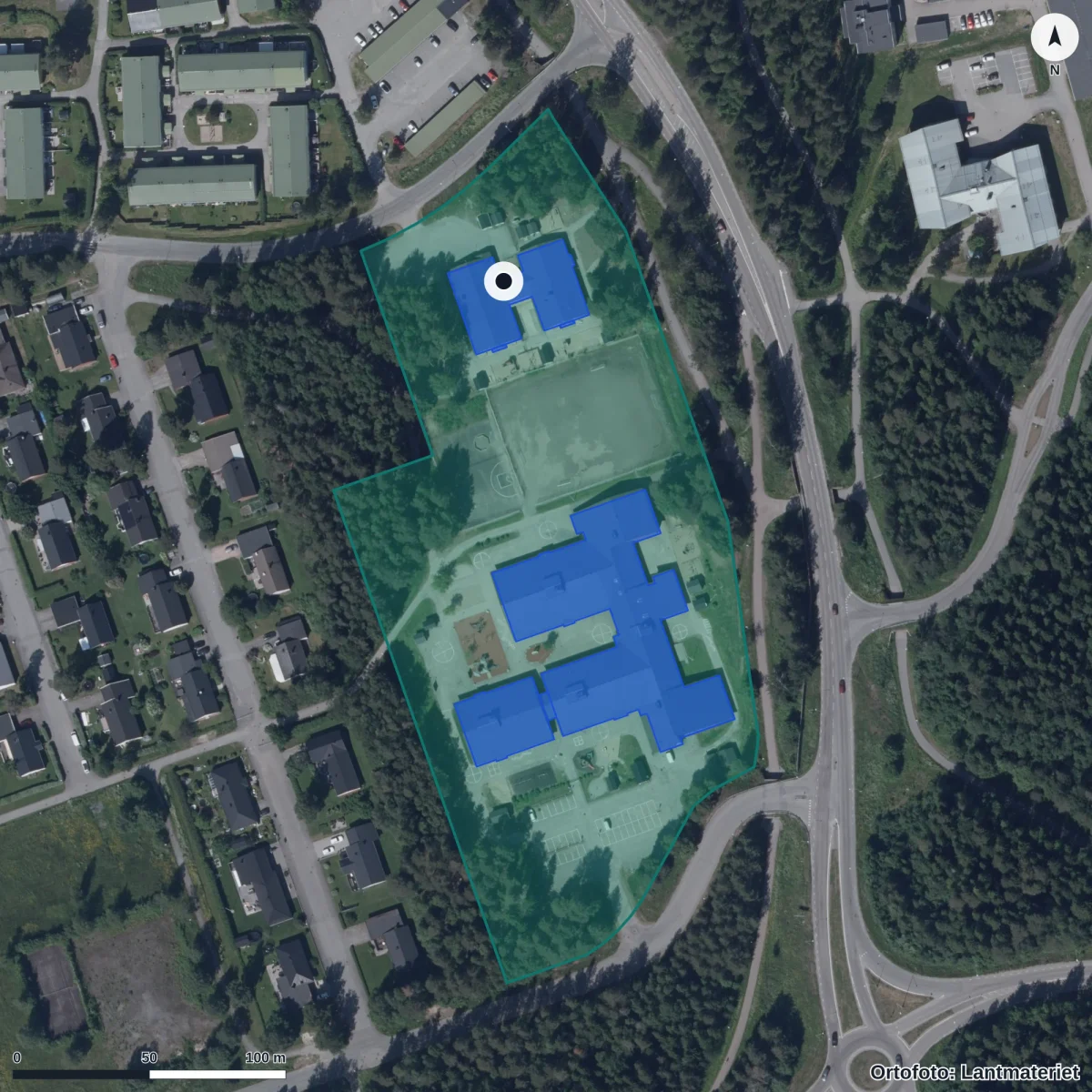 Flygbild över Ormbergets Förskola, ortofoto från Lantmäteriet