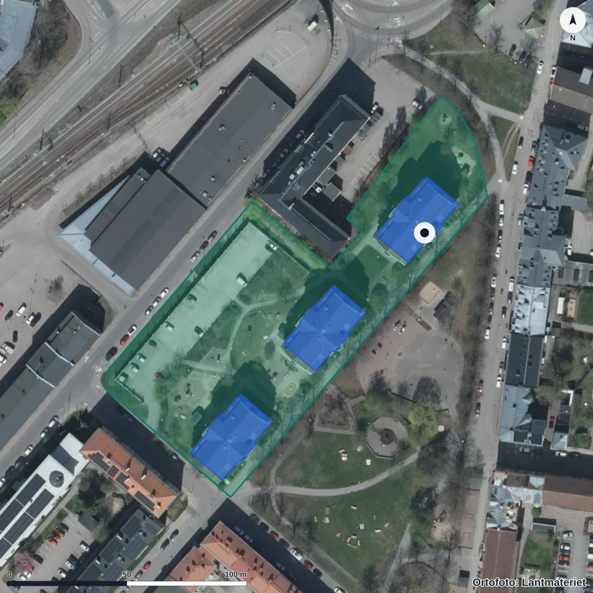 Flygbild över Hybelejens Förskola, ortofoto från Lantmäteriet