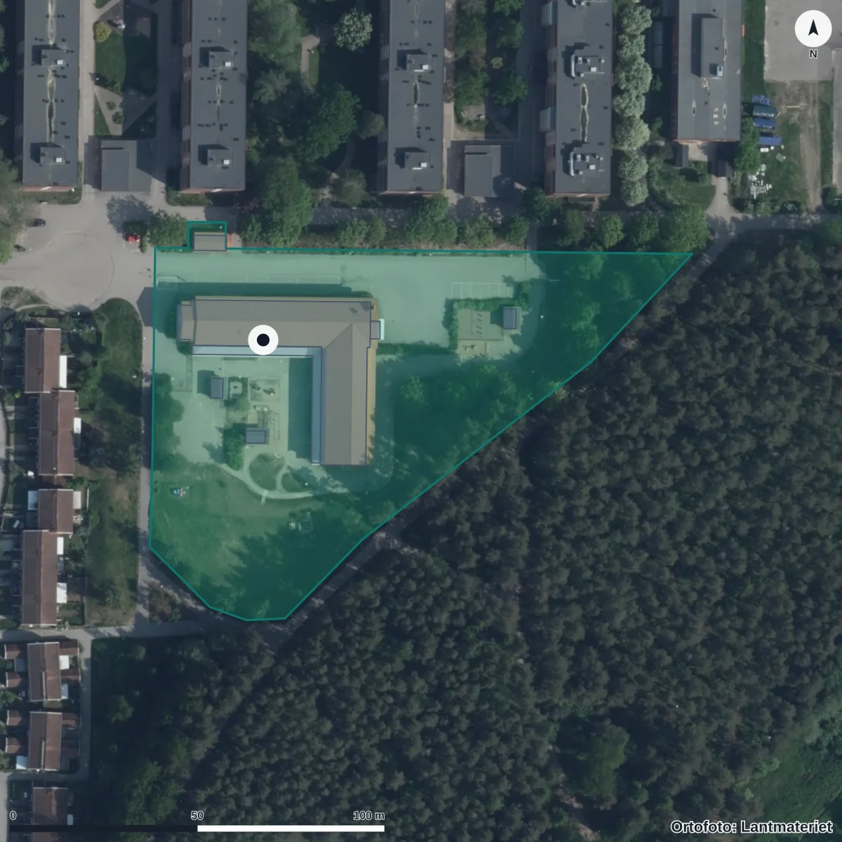 Flygbild över Norrskensgården, ortofoto från Lantmäteriet