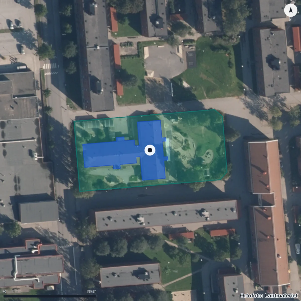 Flygbild över Förskolan Tanden, ortofoto från Lantmäteriet