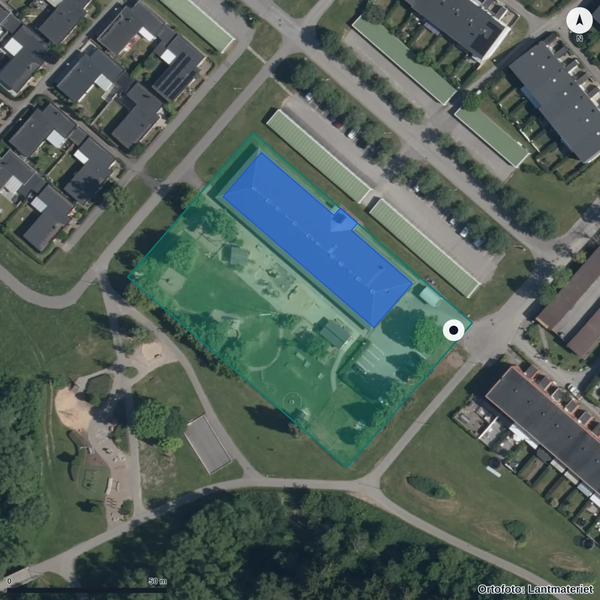 Flygbild över Äpplets Förskola, ortofoto från Lantmäteriet