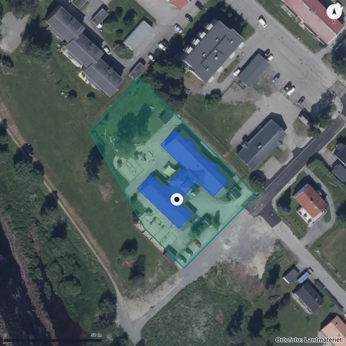 Flygbild över Älvens Förskola, ortofoto från Lantmäteriet