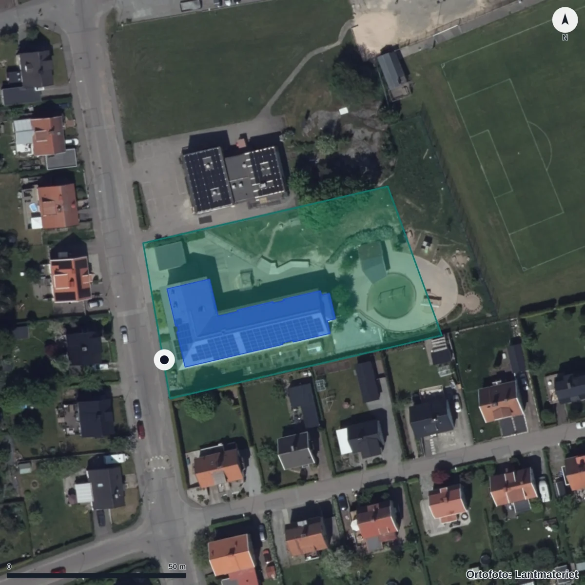 Flygbild över Södra Sälöfjordsgatan 27 Förskola, ortofoto från Lantmäteriet