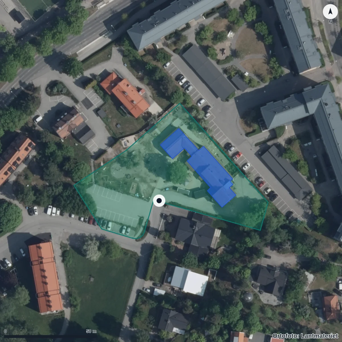 Flygbild över Eldens Förskola, ortofoto från Lantmäteriet