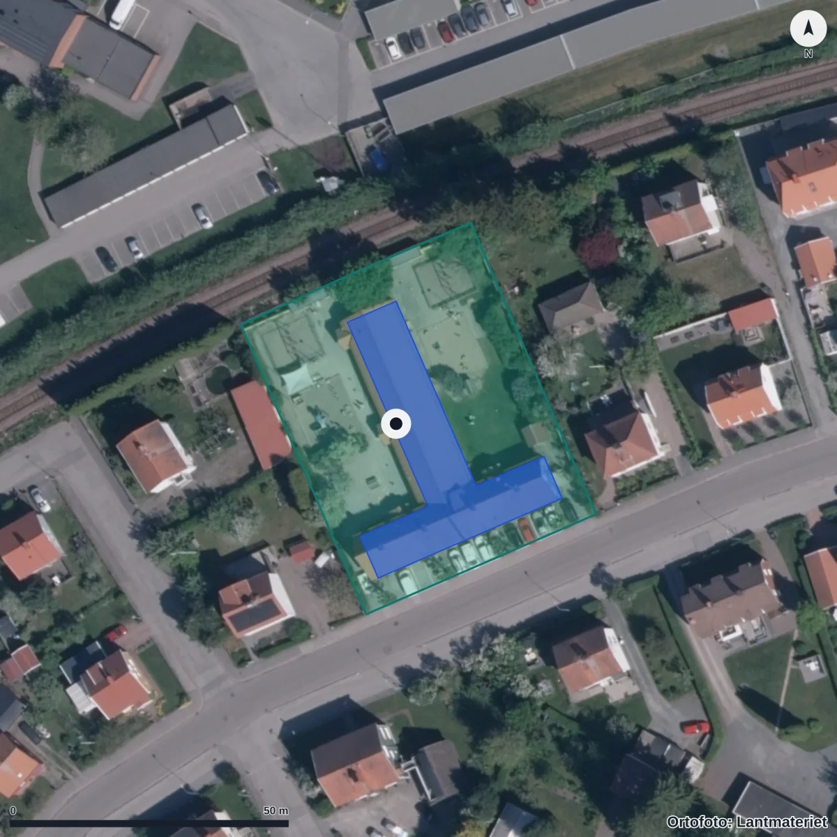Flygbild över Djurgårdens Förskola, ortofoto från Lantmäteriet