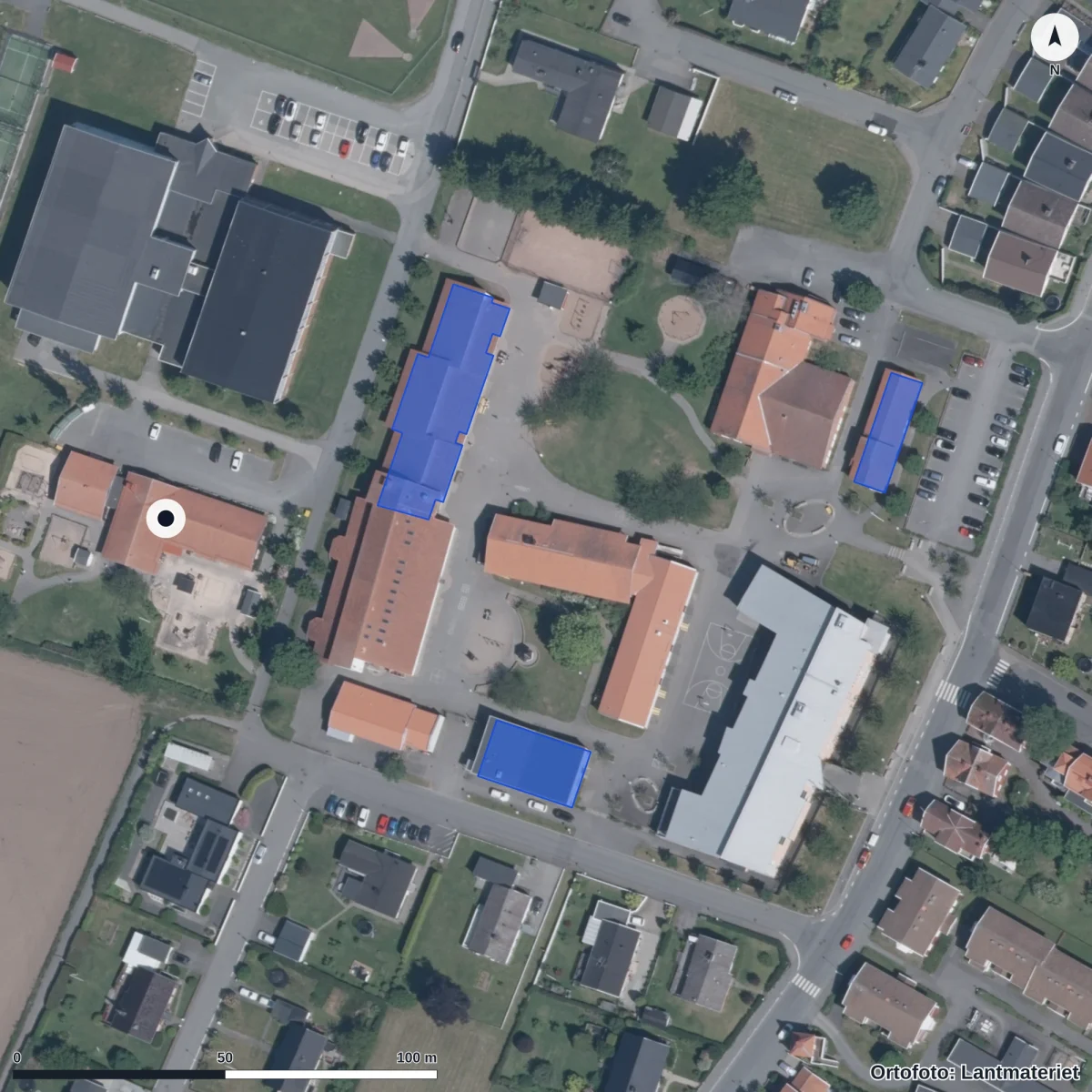 Flygbild över Luftballongens Förskola, ortofoto från Lantmäteriet
