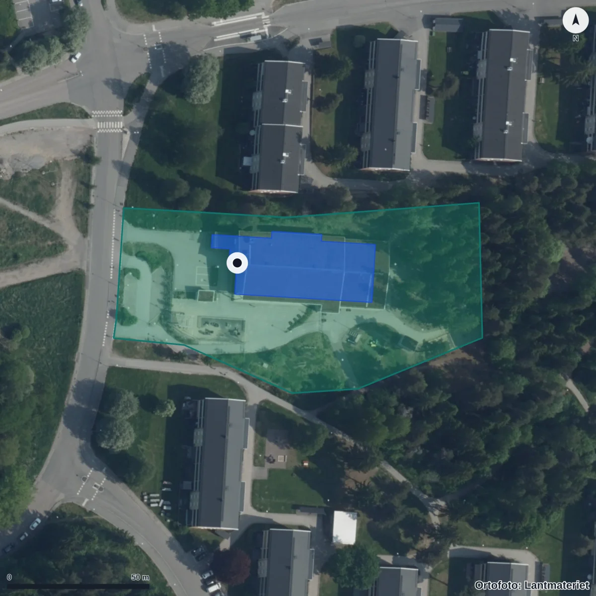 Flygbild över Sörby Förskola, ortofoto från Lantmäteriet