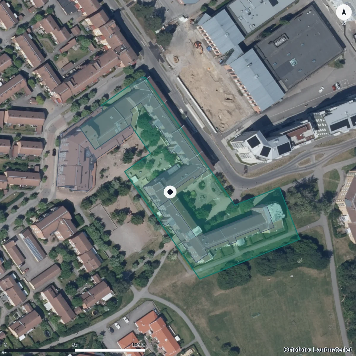 Flygbild över Westmansgatan 100a, ortofoto från Lantmäteriet