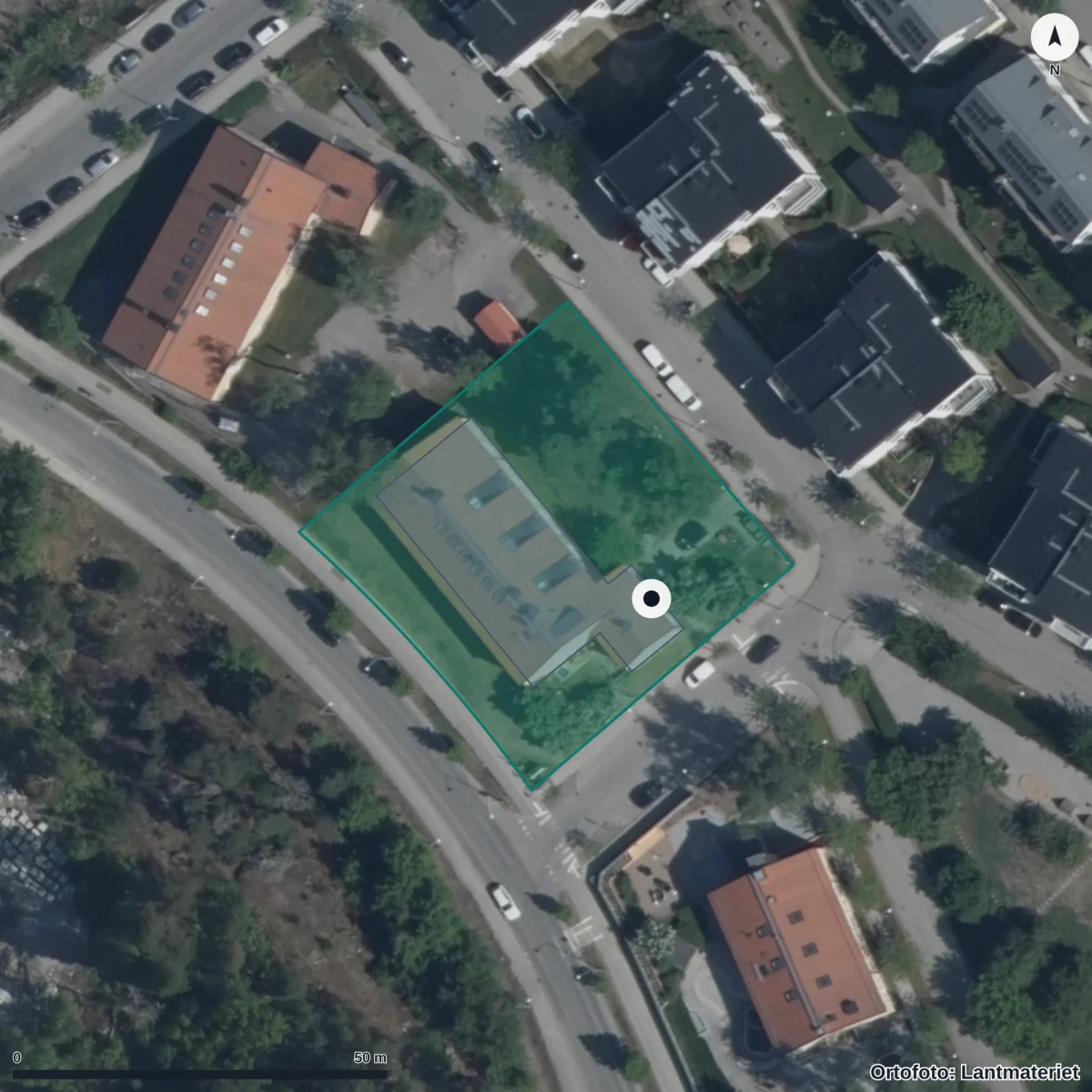 Flygbild över Sagolandets Förskola, ortofoto från Lantmäteriet