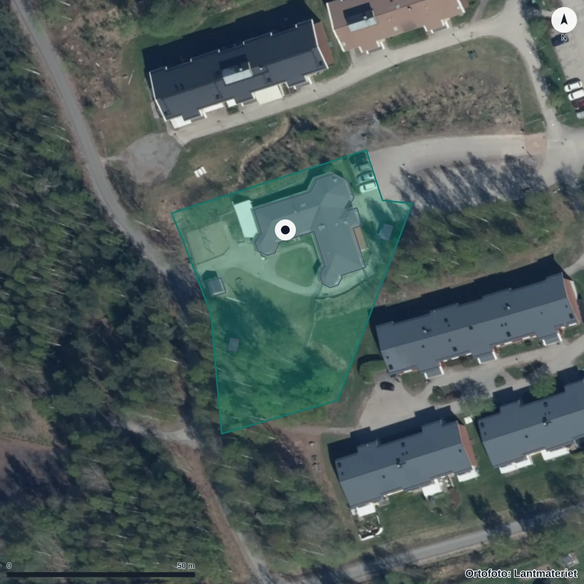 Flygbild över Varggropens Förskola, ortofoto från Lantmäteriet