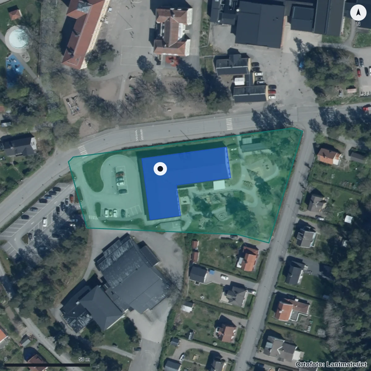 Flygbild över Lindens Förskola, ortofoto från Lantmäteriet