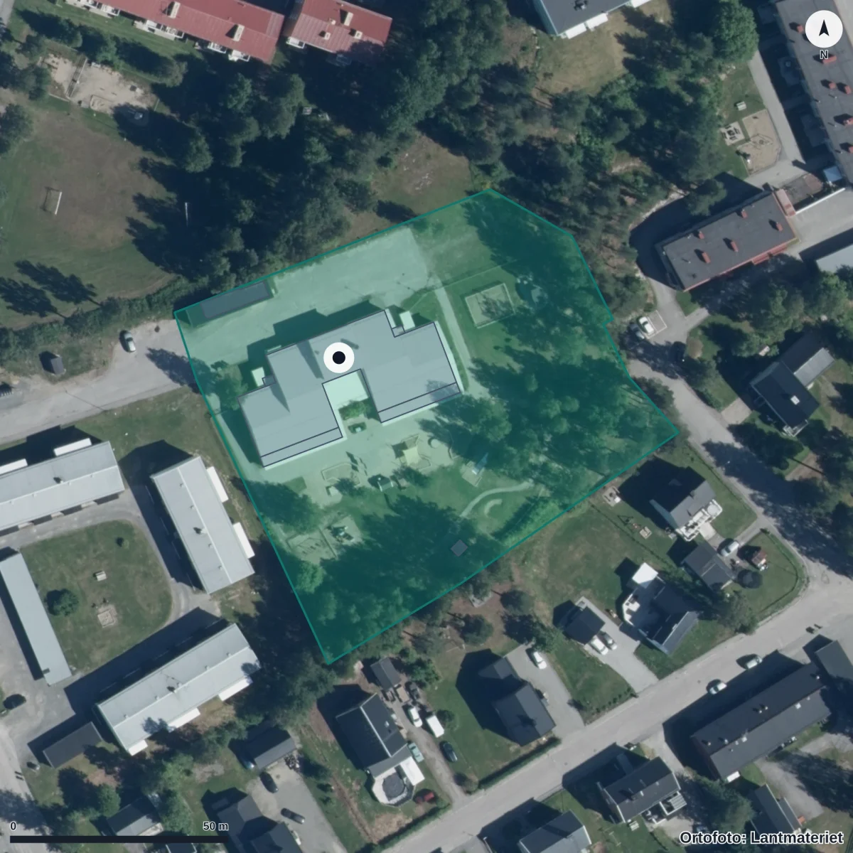 Flygbild över Villaryd Förskola, ortofoto från Lantmäteriet