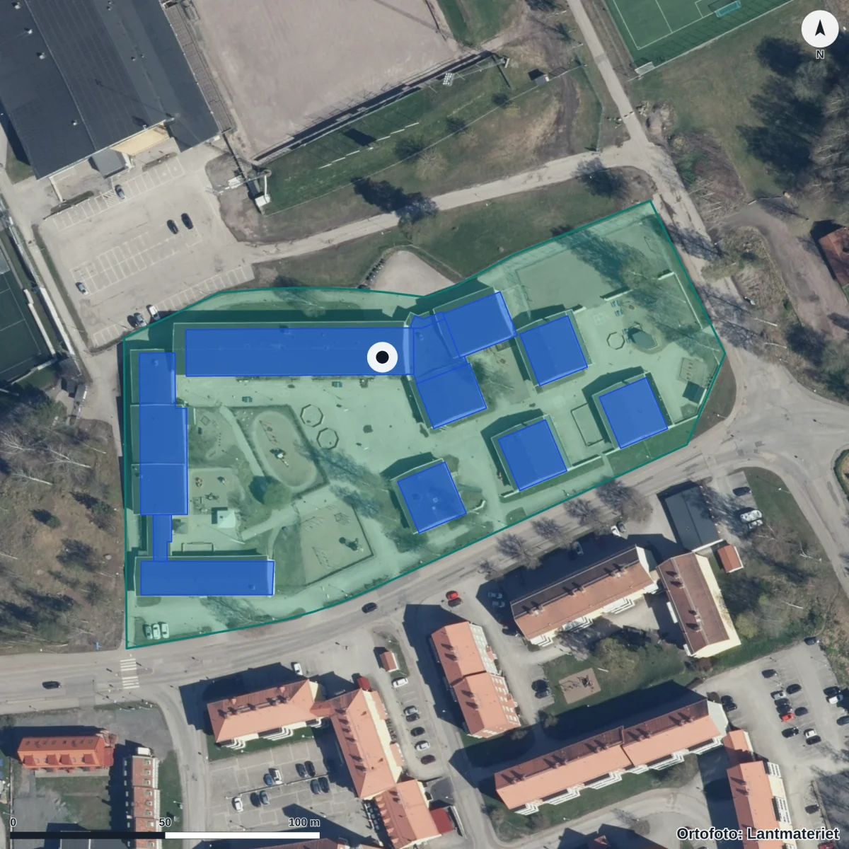 Flygbild över Jernvallens Förskola, ortofoto från Lantmäteriet