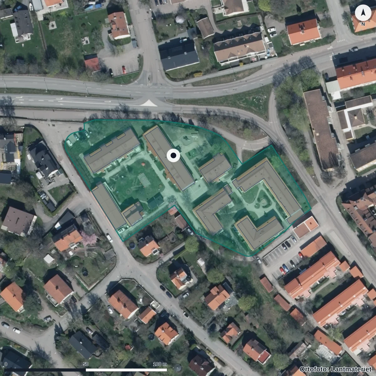 Flygbild över Solvägens Förskola, ortofoto från Lantmäteriet
