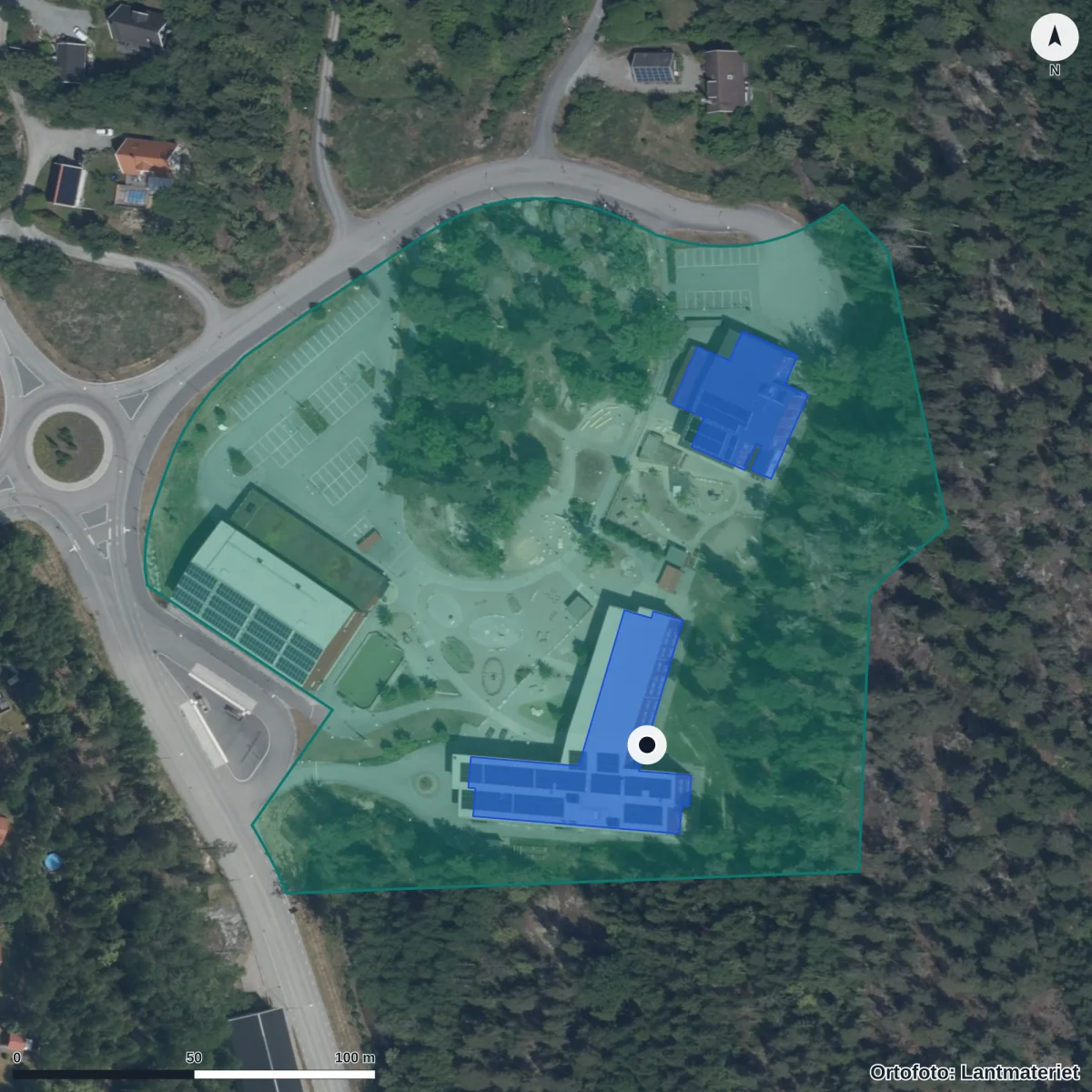 Flygbild över Viksbergs Förskola, ortofoto från Lantmäteriet