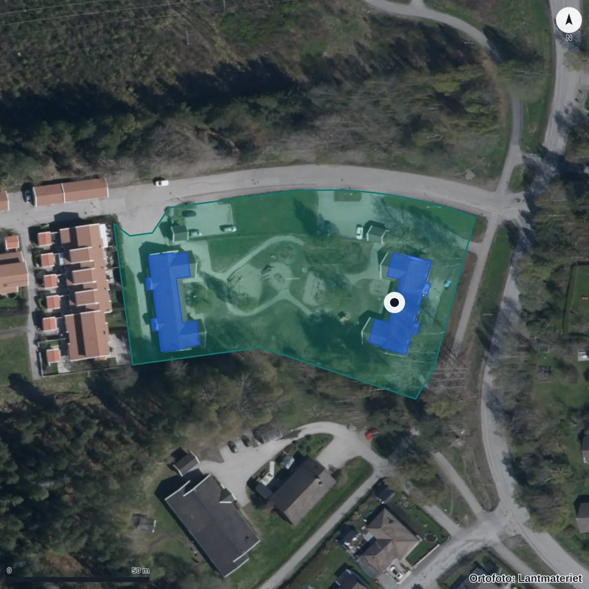 Flygbild över Rondellens Förskola, ortofoto från Lantmäteriet
