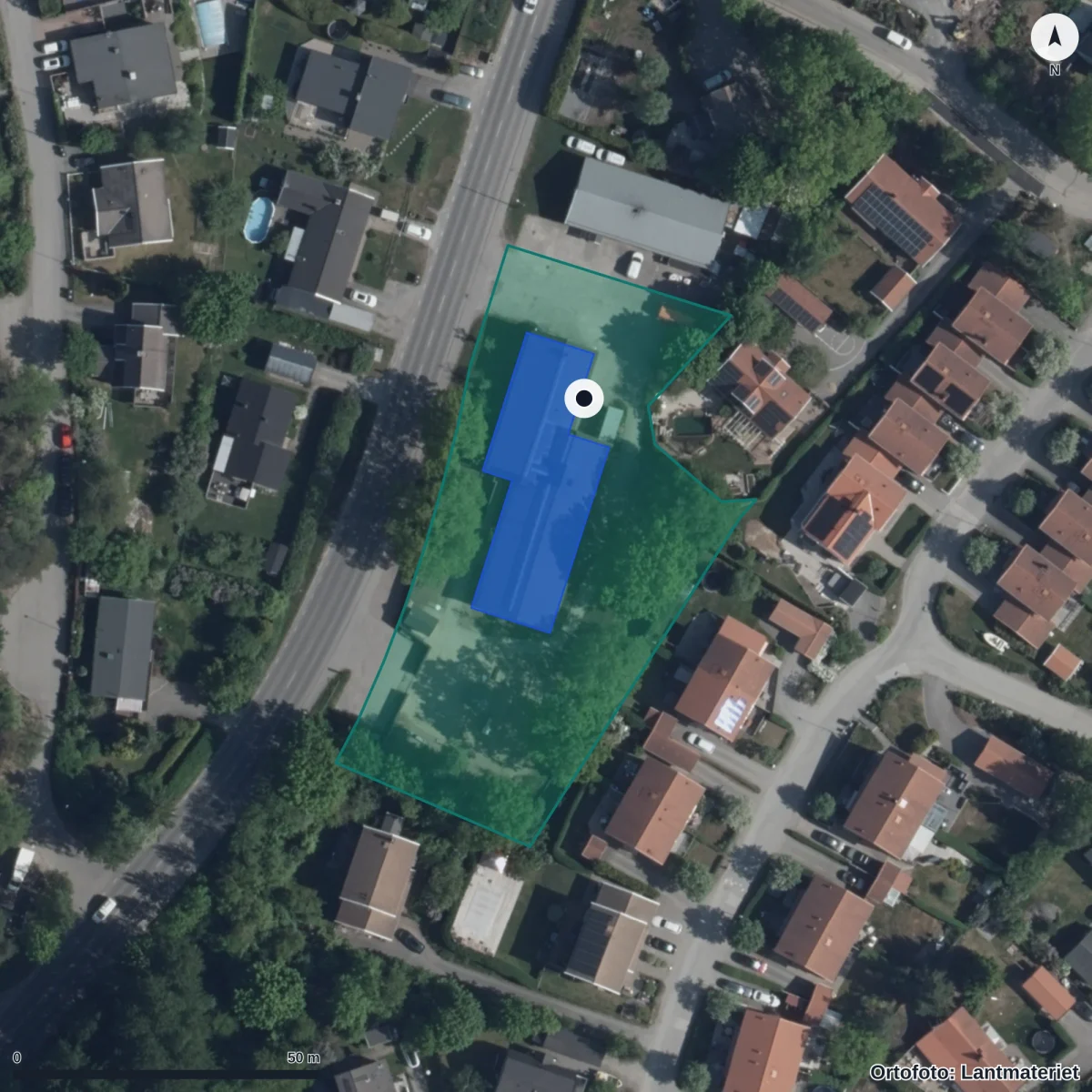 Flygbild över Solrosens Förskola, ortofoto från Lantmäteriet