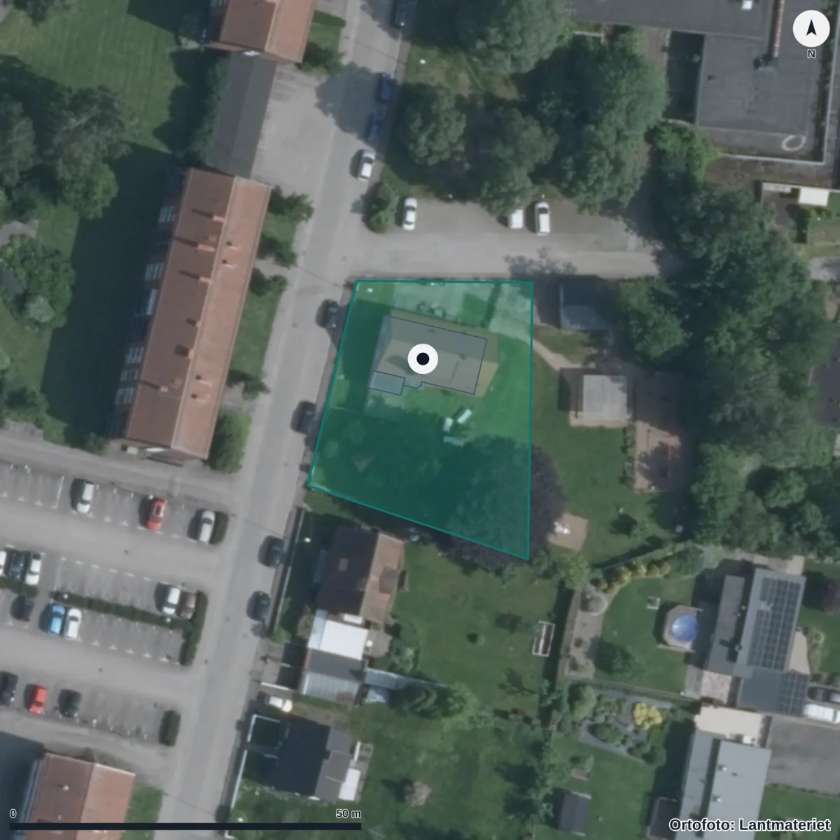 Flygbild över Kvarngränds Förskola, ortofoto från Lantmäteriet