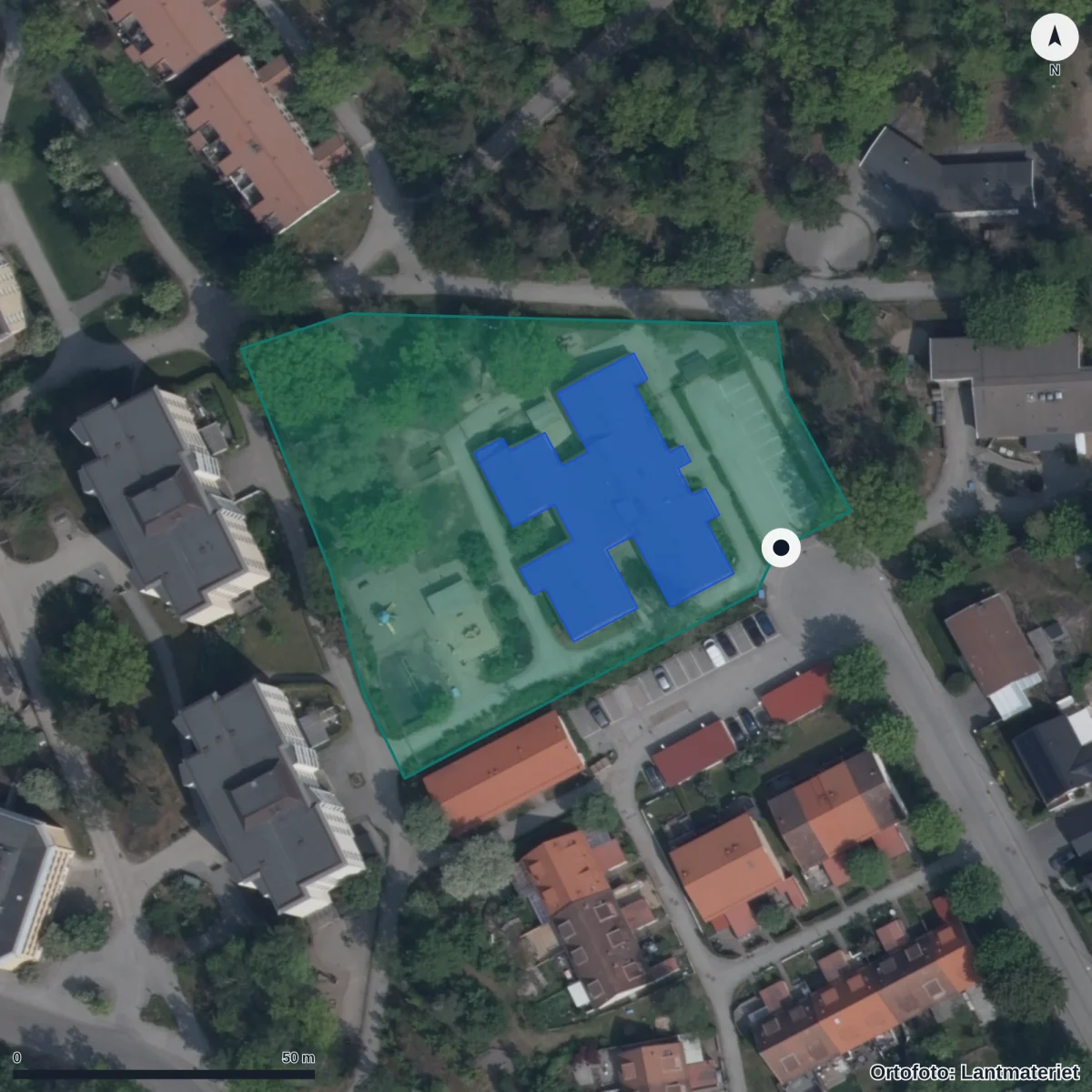 Flygbild över Stenbockens Förskola, ortofoto från Lantmäteriet