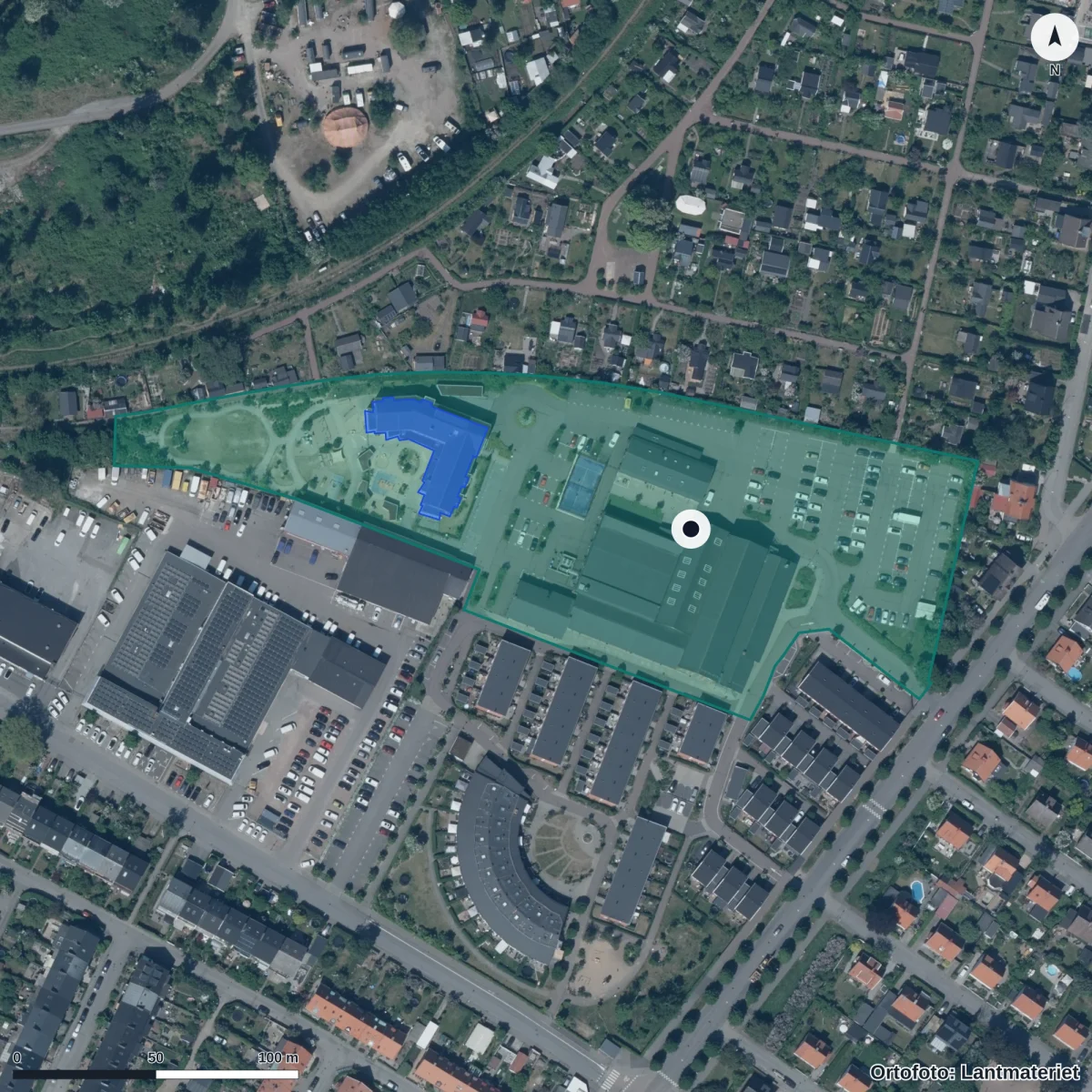 Flygbild över Johanneslusts Förskola, ortofoto från Lantmäteriet