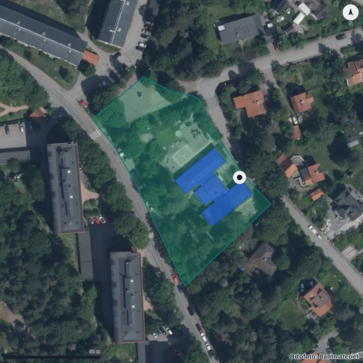 Flygbild över Glimmerns Förskola, ortofoto från Lantmäteriet