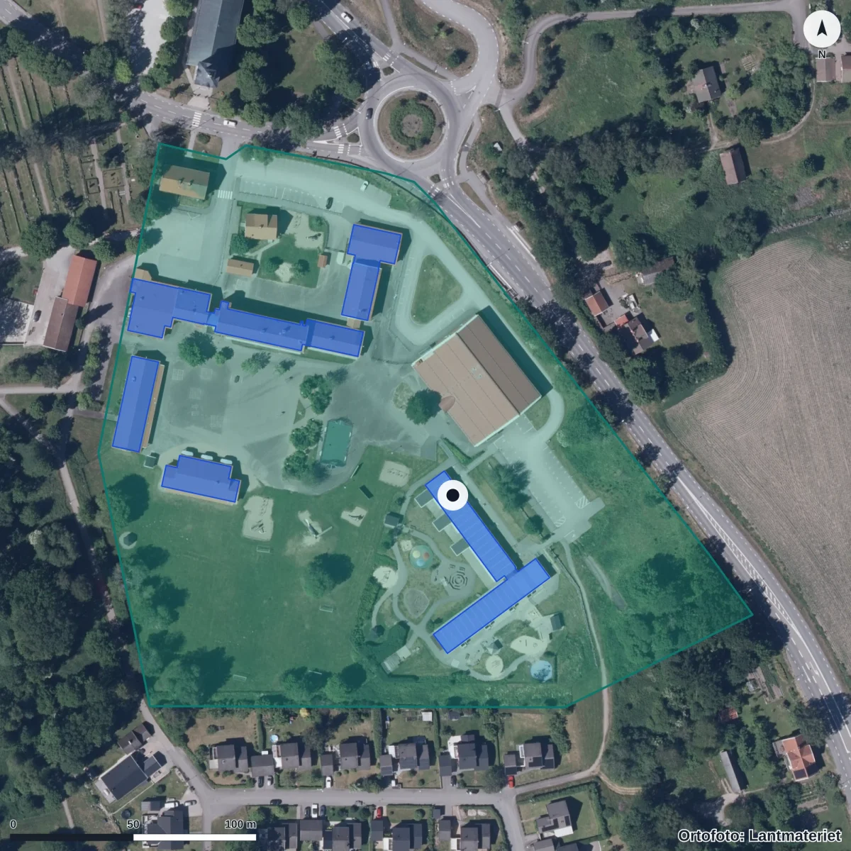 Flygbild över Ingelstad Förskola, ortofoto från Lantmäteriet